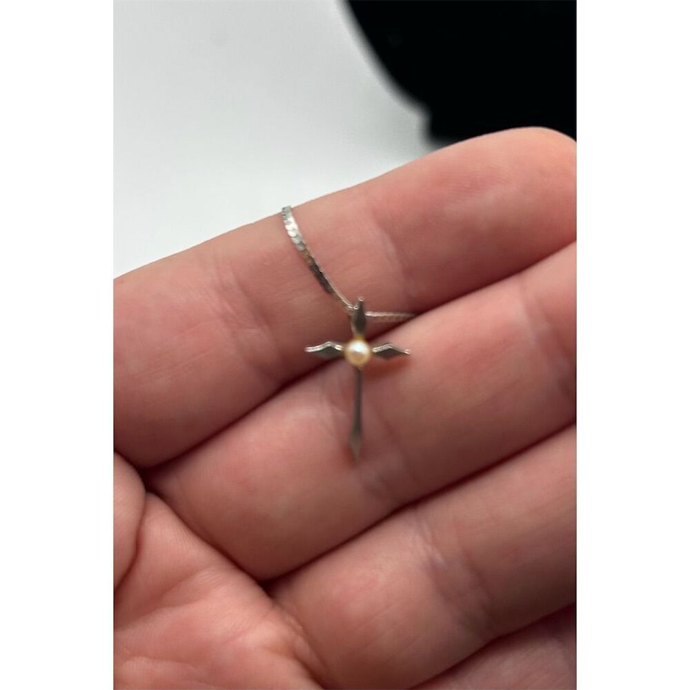 Silver Toned Cross Pendant Necklace with Faux Pearl Accent - Picture 2 of 3